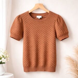 Loft 100% Cotton Puff Sleeve Brown Textured Knit Top (062)